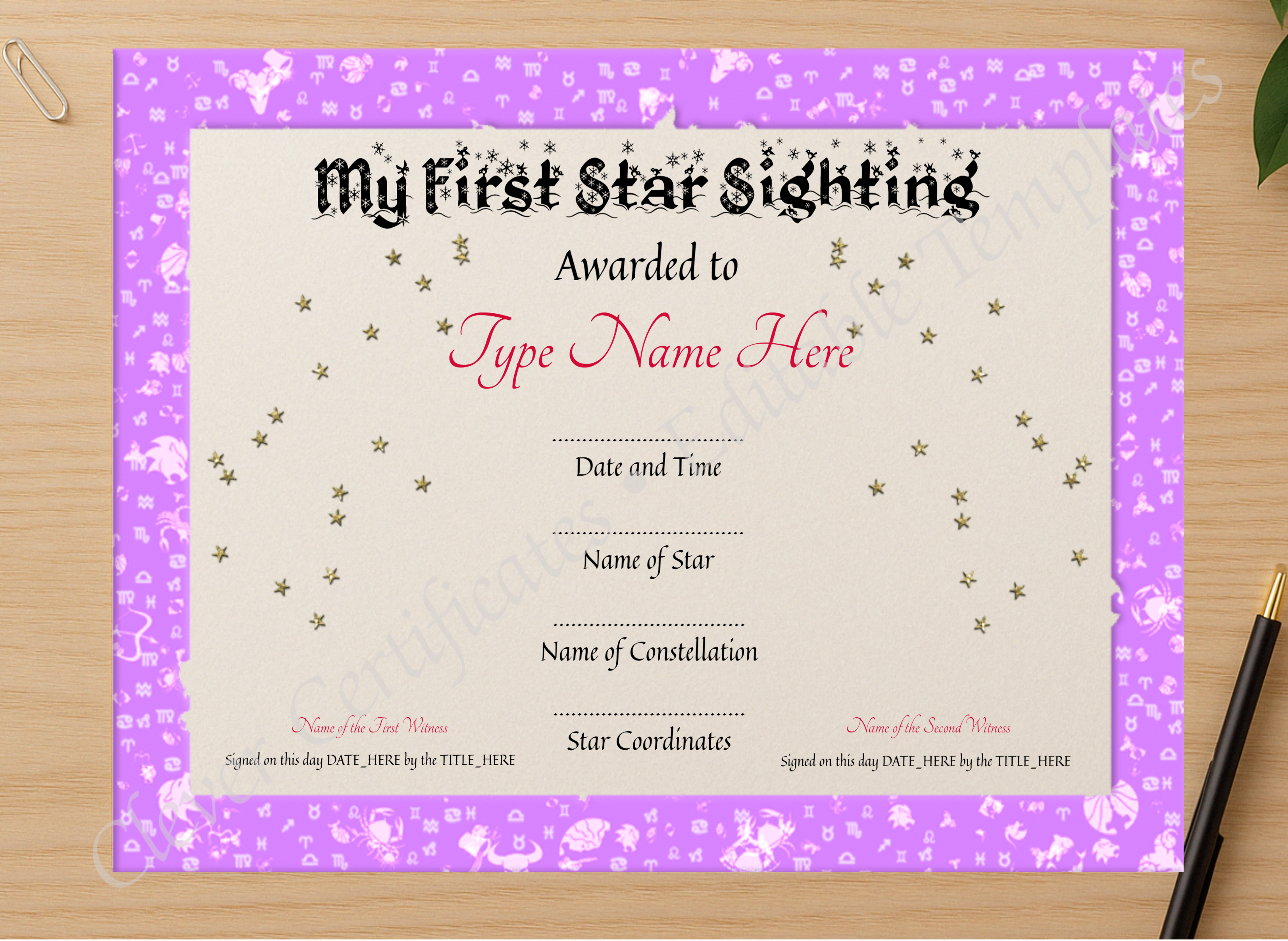 Professional preview of My First Star Sighting Certificate certificate on high-quality stationery paper, ideal for showcasing the final look.