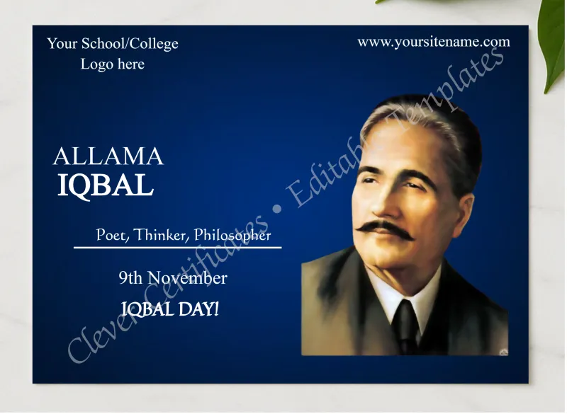 Editable Allama Iqbal Day Facebook Post presented in a sleek wooden frame, elegantly arranged on a stylish table.