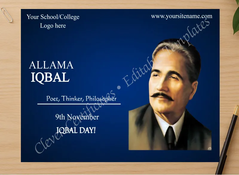 Professional preview of Editable Allama Iqbal Day Facebook Post certificate on high-quality stationery paper, ideal for showcasing the final look.