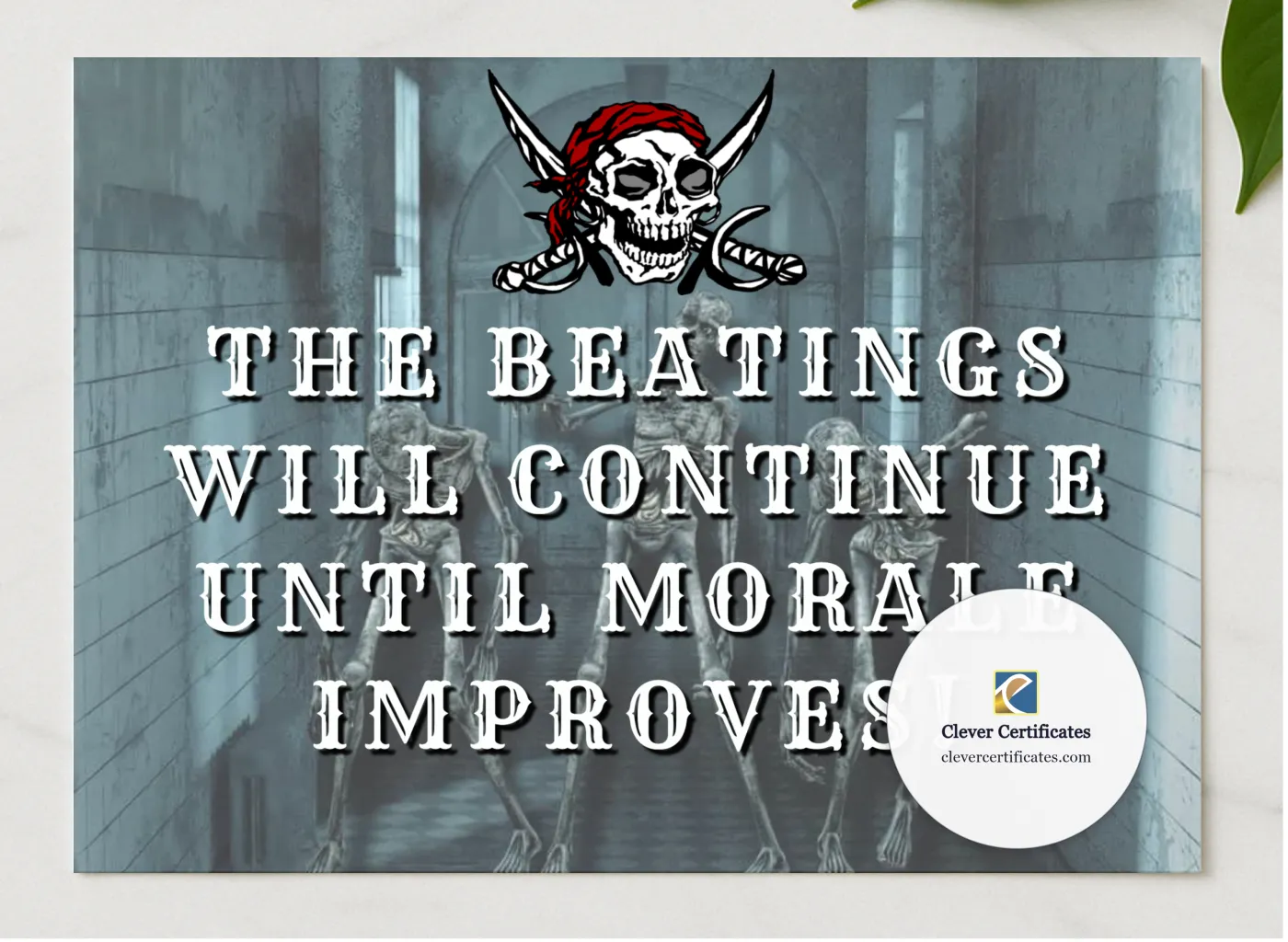 The Beatings Will Continue presented in a sleek wooden frame, elegantly arranged on a stylish table.