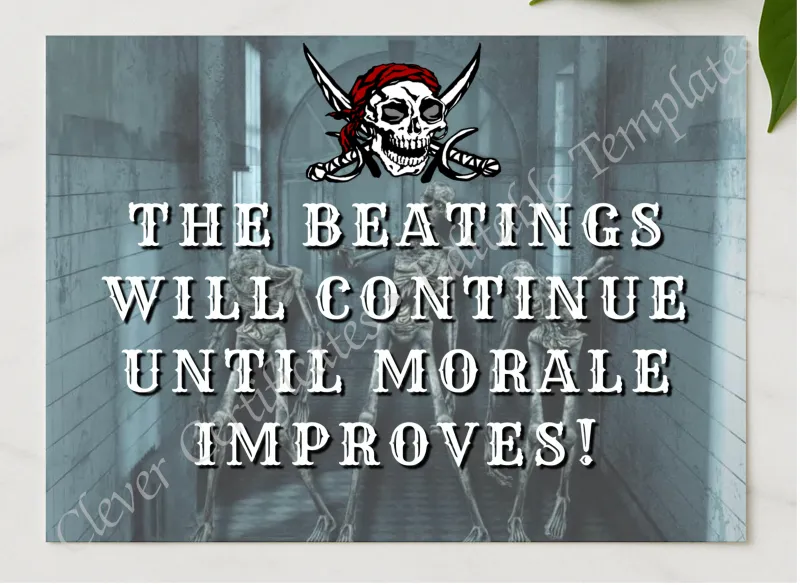 The Beatings Will Continue presented in a sleek wooden frame, elegantly arranged on a stylish table.