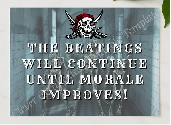 The Beatings Will Continue presented in a sleek wooden frame, elegantly arranged on a stylish table.