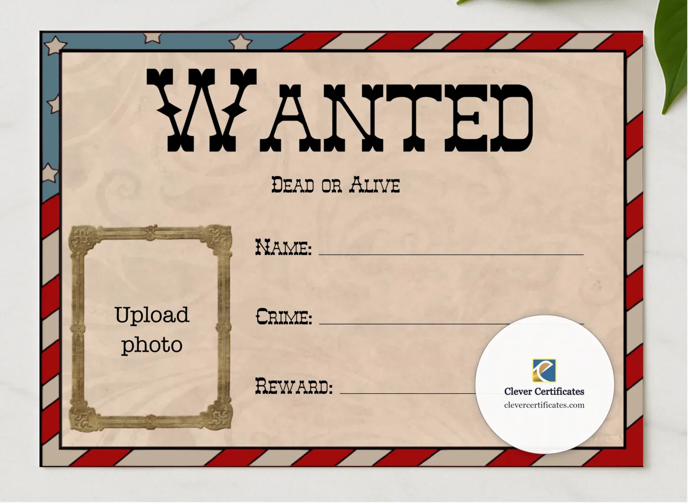 Wanted Poster presented in a sleek wooden frame, elegantly arranged on a stylish table.