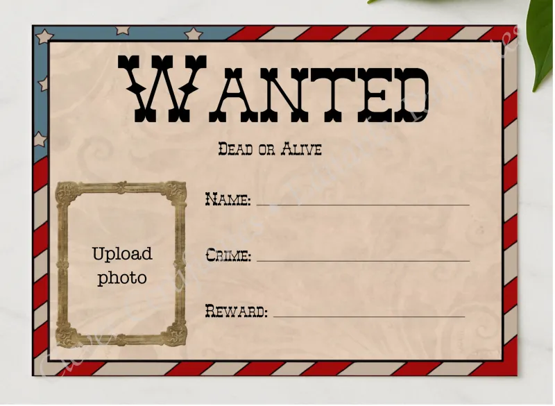 Wanted Poster presented in a sleek wooden frame, elegantly arranged on a stylish table.