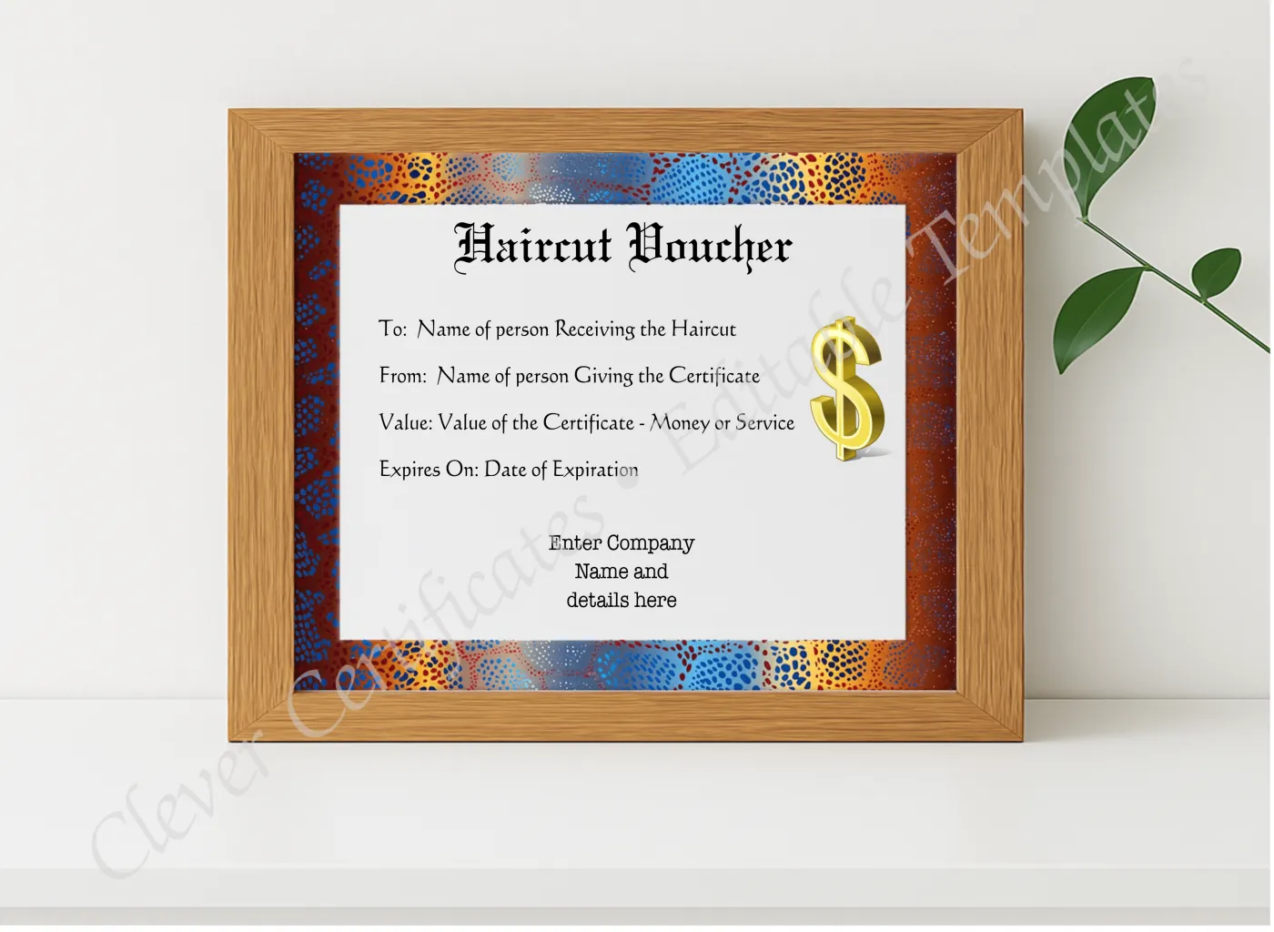 Realistic mockup featuring Haircut Voucher displayed within a modern frame, set against a minimalistic background.