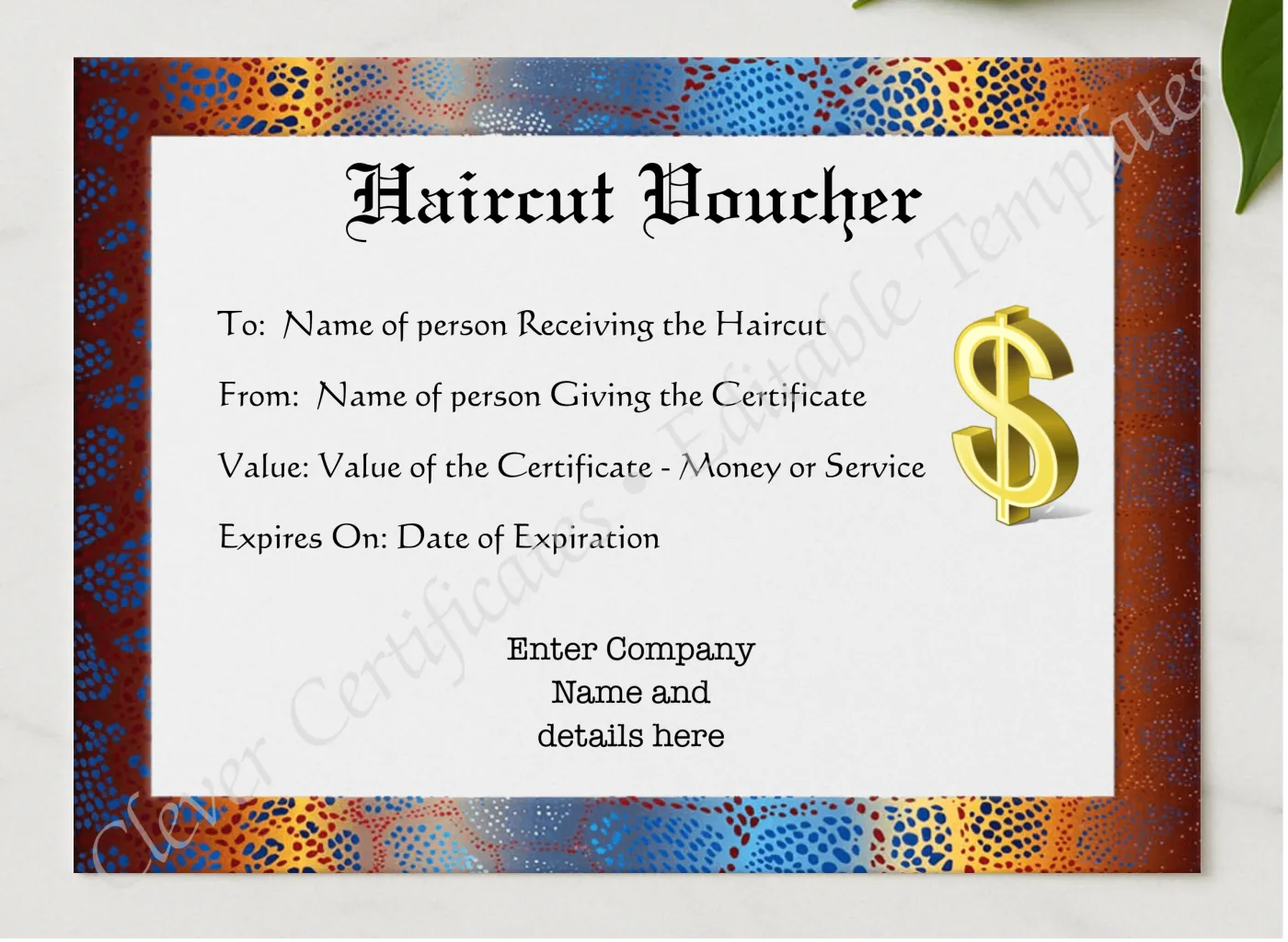 Haircut Voucher presented in a sleek wooden frame, elegantly arranged on a stylish table.