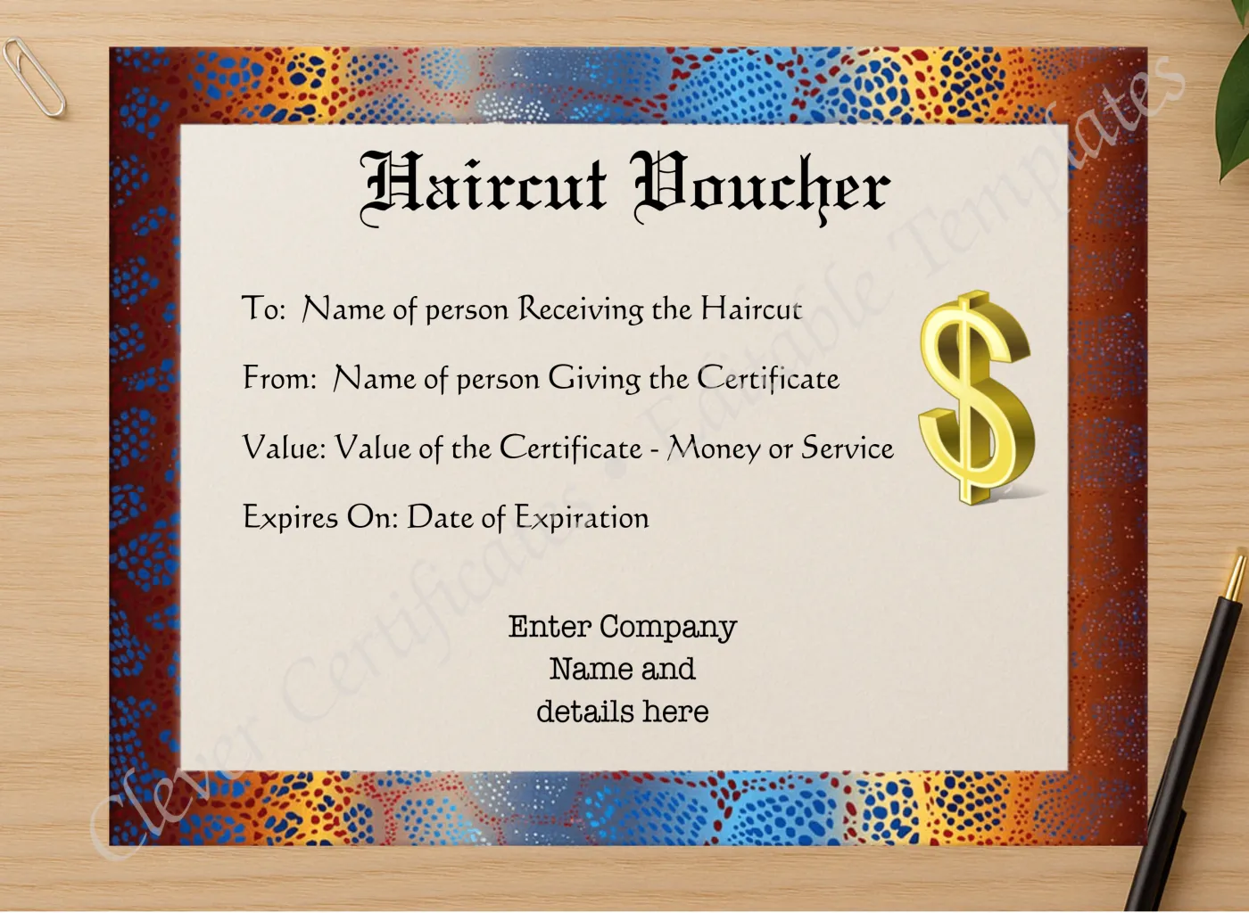 Professional preview of Haircut Voucher certificate on high-quality stationery paper, ideal for showcasing the final look.