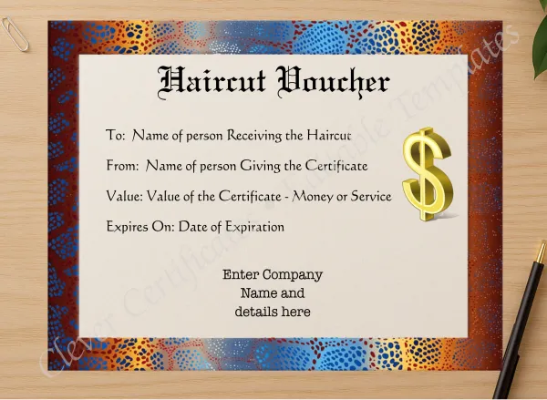 Professional preview of Haircut Voucher certificate on high-quality stationery paper, ideal for showcasing the final look.