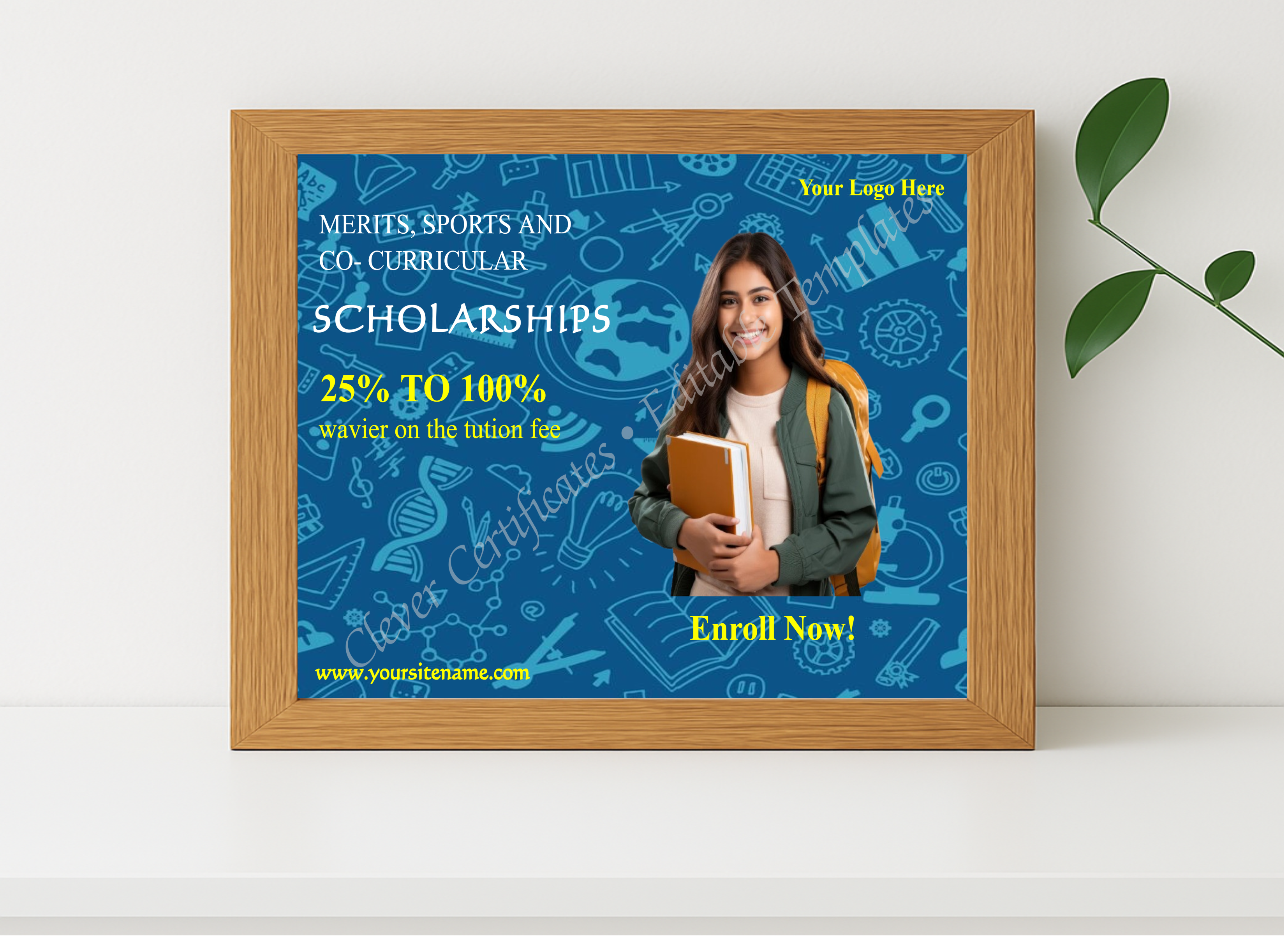 Realistic mockup featuring Editable 25 To 100 Percent Scholarships Facebook Post  displayed within a modern frame, set against a minimalistic background.