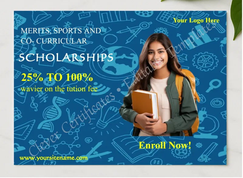 Editable 25 To 100 Percent Scholarships Facebook Post  presented in a sleek wooden frame, elegantly arranged on a stylish table.
