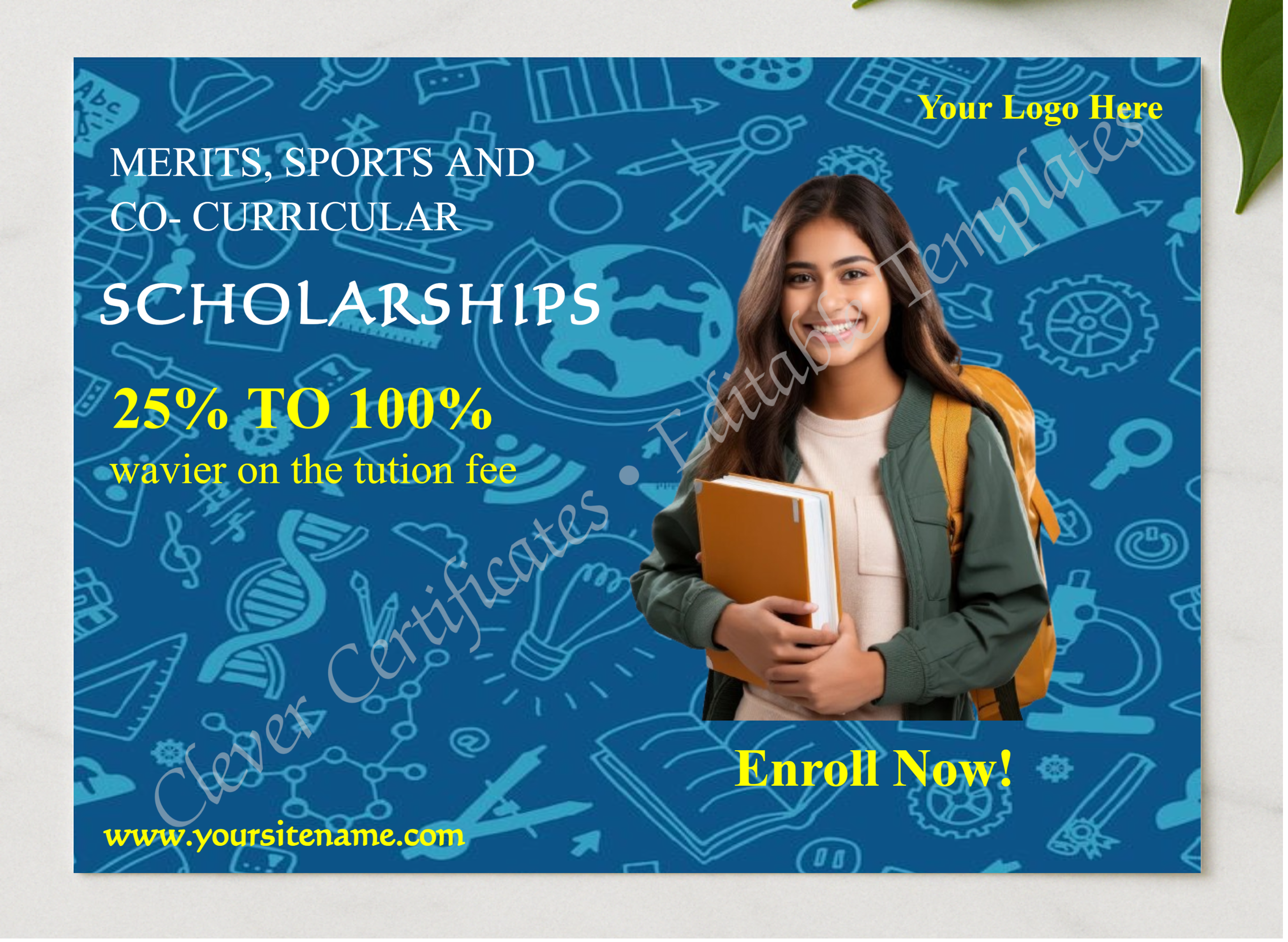 Editable 25 To 100 Percent Scholarships Facebook Post  presented in a sleek wooden frame, elegantly arranged on a stylish table.