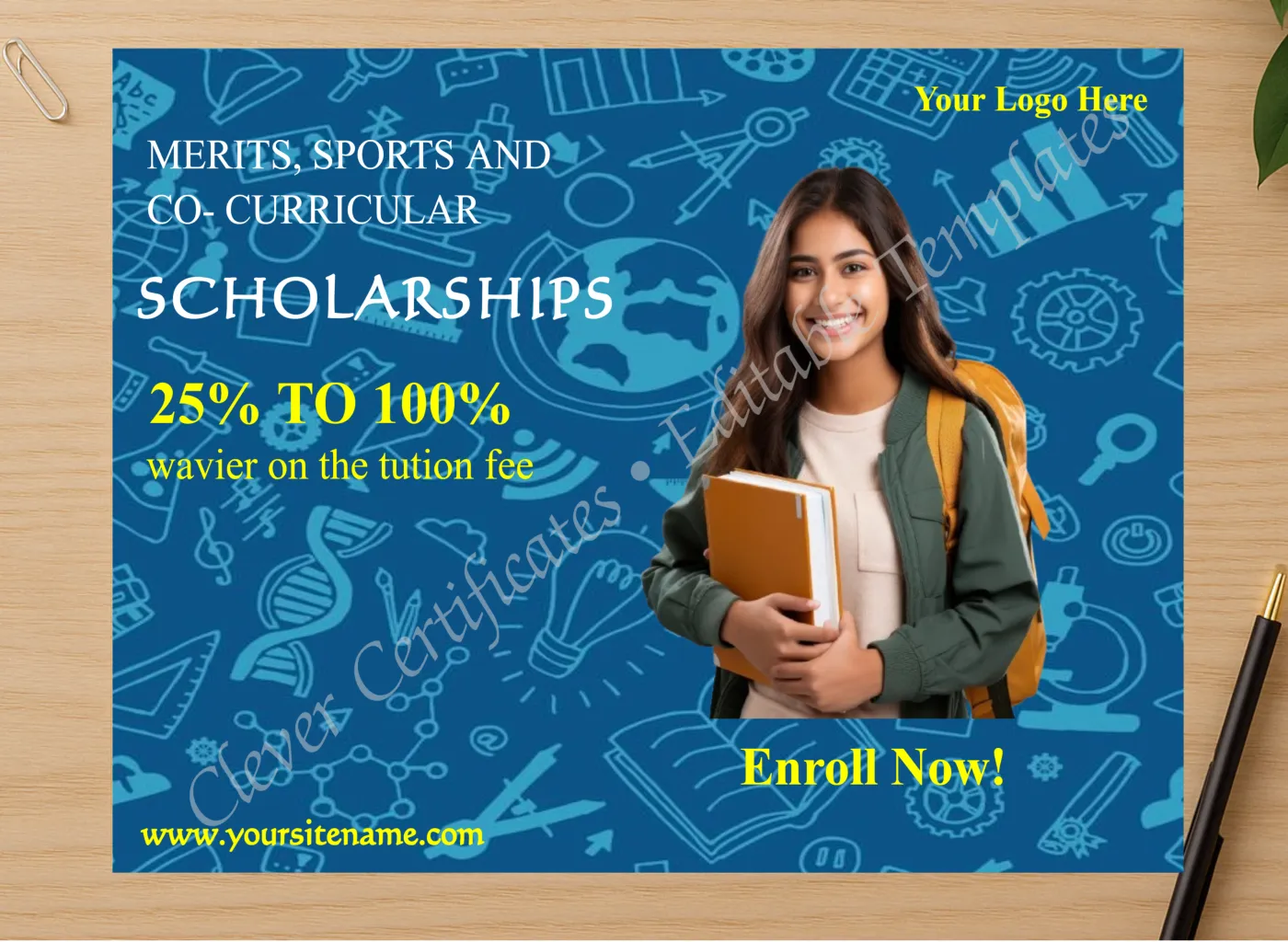 Professional preview of Editable 25 To 100 Percent Scholarships Facebook Post certificate on high-quality stationery paper, ideal for showcasing the final look.