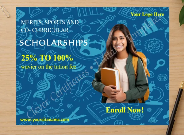 Professional preview of Editable 25 To 100 Percent Scholarships Facebook Post  certificate on high-quality stationery paper, ideal for showcasing the final look.