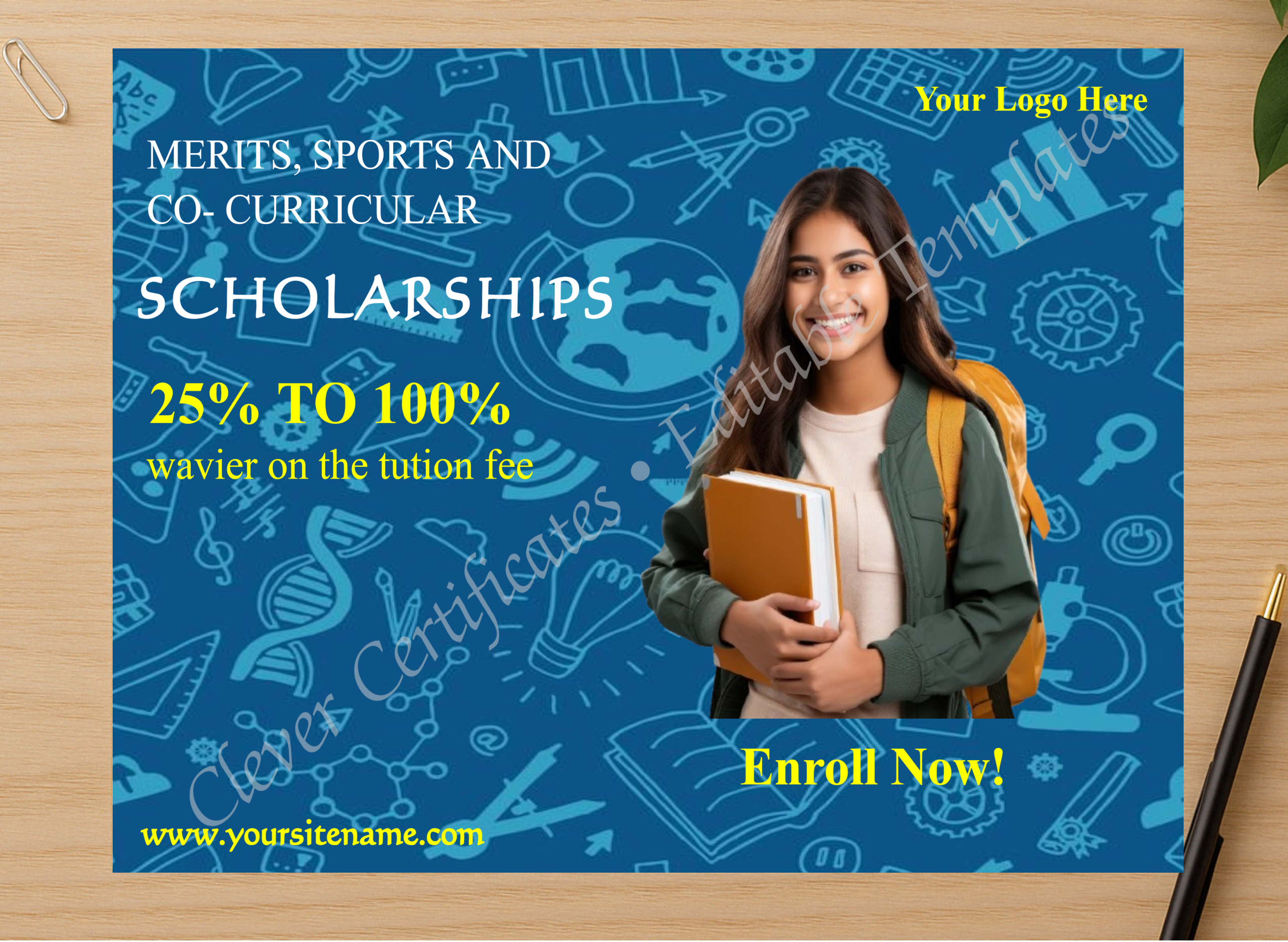 Professional preview of Editable 25 To 100 Percent Scholarships Facebook Post  certificate on high-quality stationery paper, ideal for showcasing the final look.