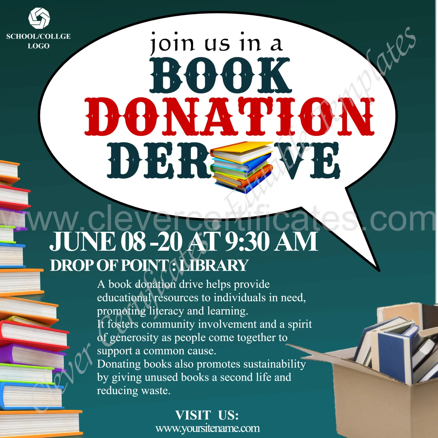 Editable Book Donation Derive Instagram Post — Certificate Template Preview