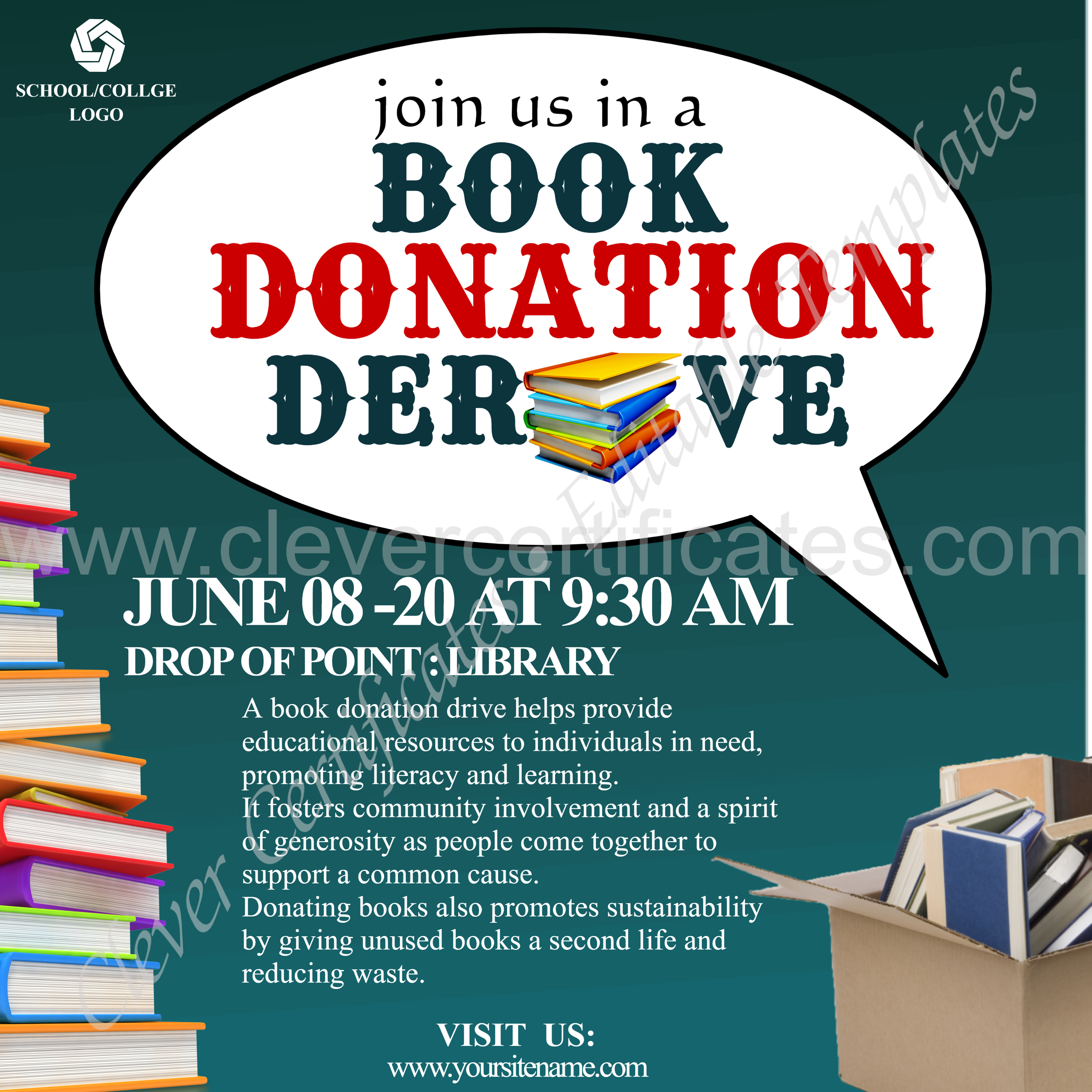 Editable Book Donation Derive Instagram Post — Certificate Template Preview