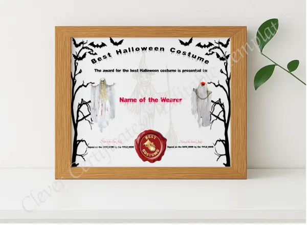 Realistic mockup featuring Best Halloween Costume Award displayed within a modern frame, set against a minimalistic background.