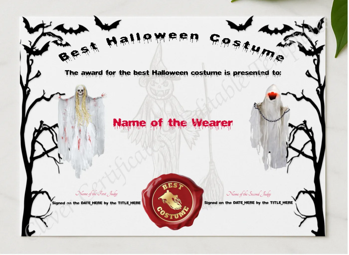 Best Halloween Costume Award presented in a sleek wooden frame, elegantly arranged on a stylish table.