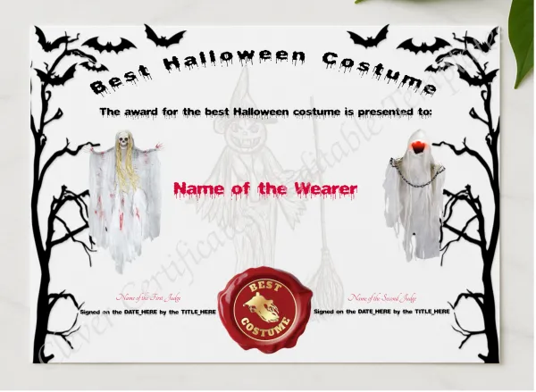 Best Halloween Costume Award presented in a sleek wooden frame, elegantly arranged on a stylish table.