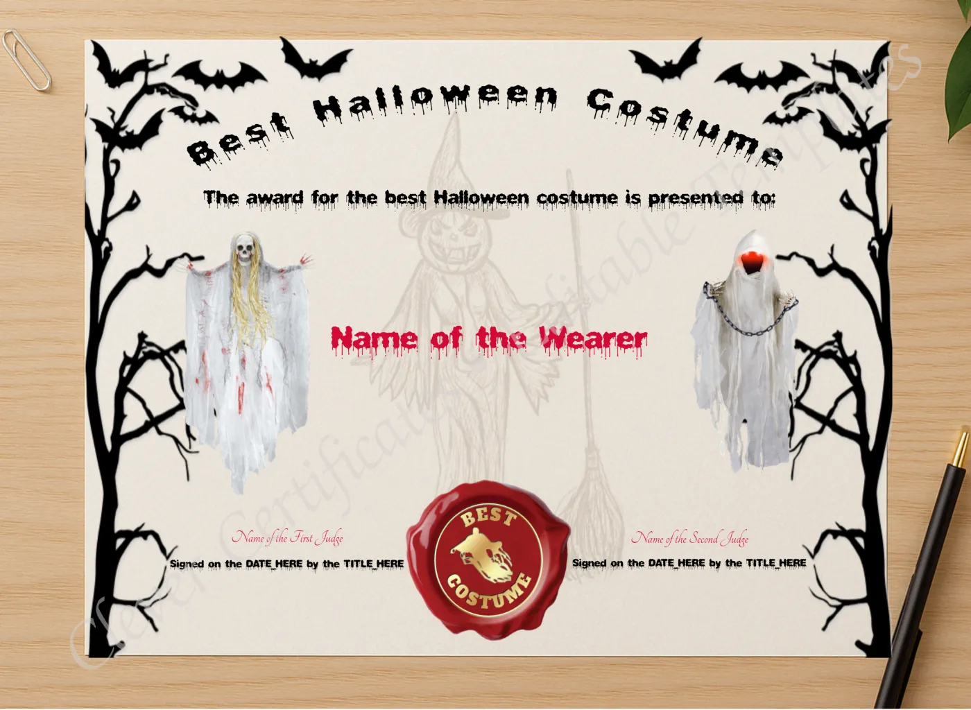 Professional preview of Best Halloween Costume Award certificate on high-quality stationery paper, ideal for showcasing the final look.