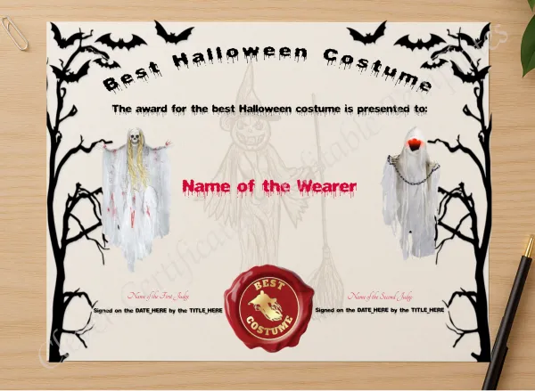 Professional preview of Best Halloween Costume Award certificate on high-quality stationery paper, ideal for showcasing the final look.