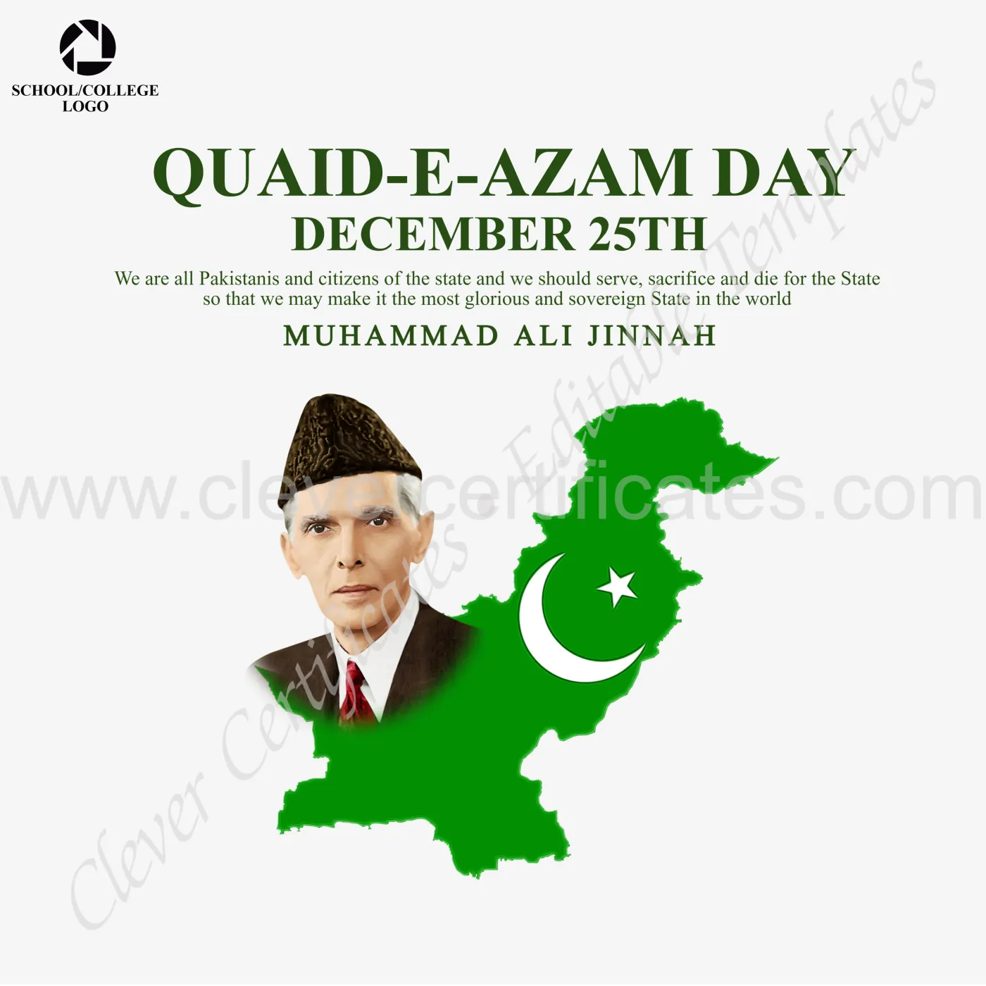 Editable Quaid E Azam Day Instagram Post — Certificate Template Preview
