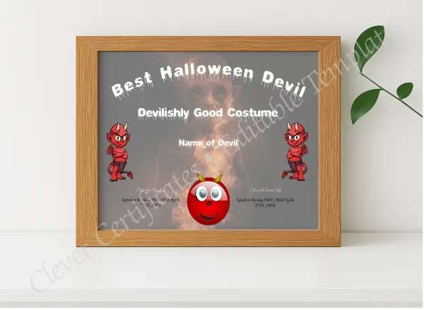 Realistic mockup featuring Best Halloween Devil Award displayed within a modern frame, set against a minimalistic background.