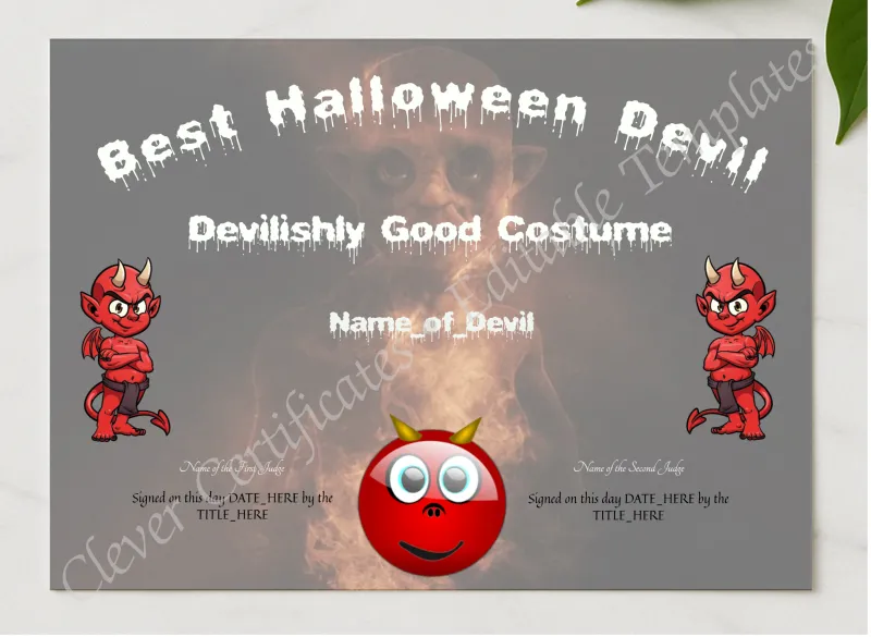 Best Halloween Devil Award presented in a sleek wooden frame, elegantly arranged on a stylish table.