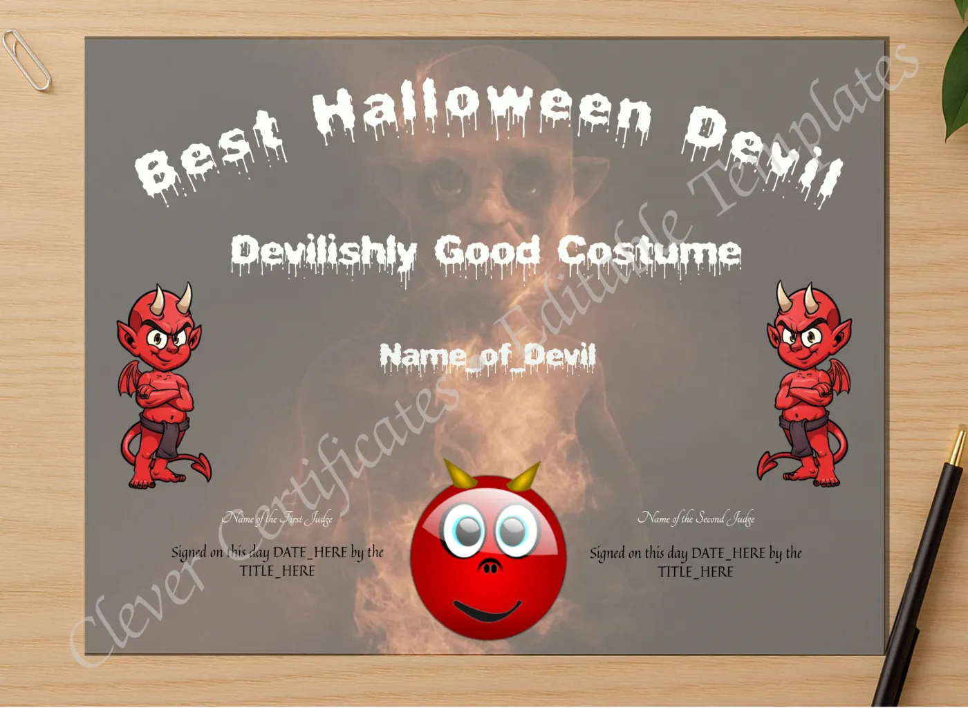 Professional preview of Best Halloween Devil Award certificate on high-quality stationery paper, ideal for showcasing the final look.
