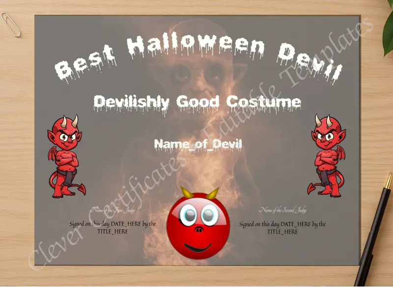 Professional preview of Best Halloween Devil Award certificate on high-quality stationery paper, ideal for showcasing the final look.