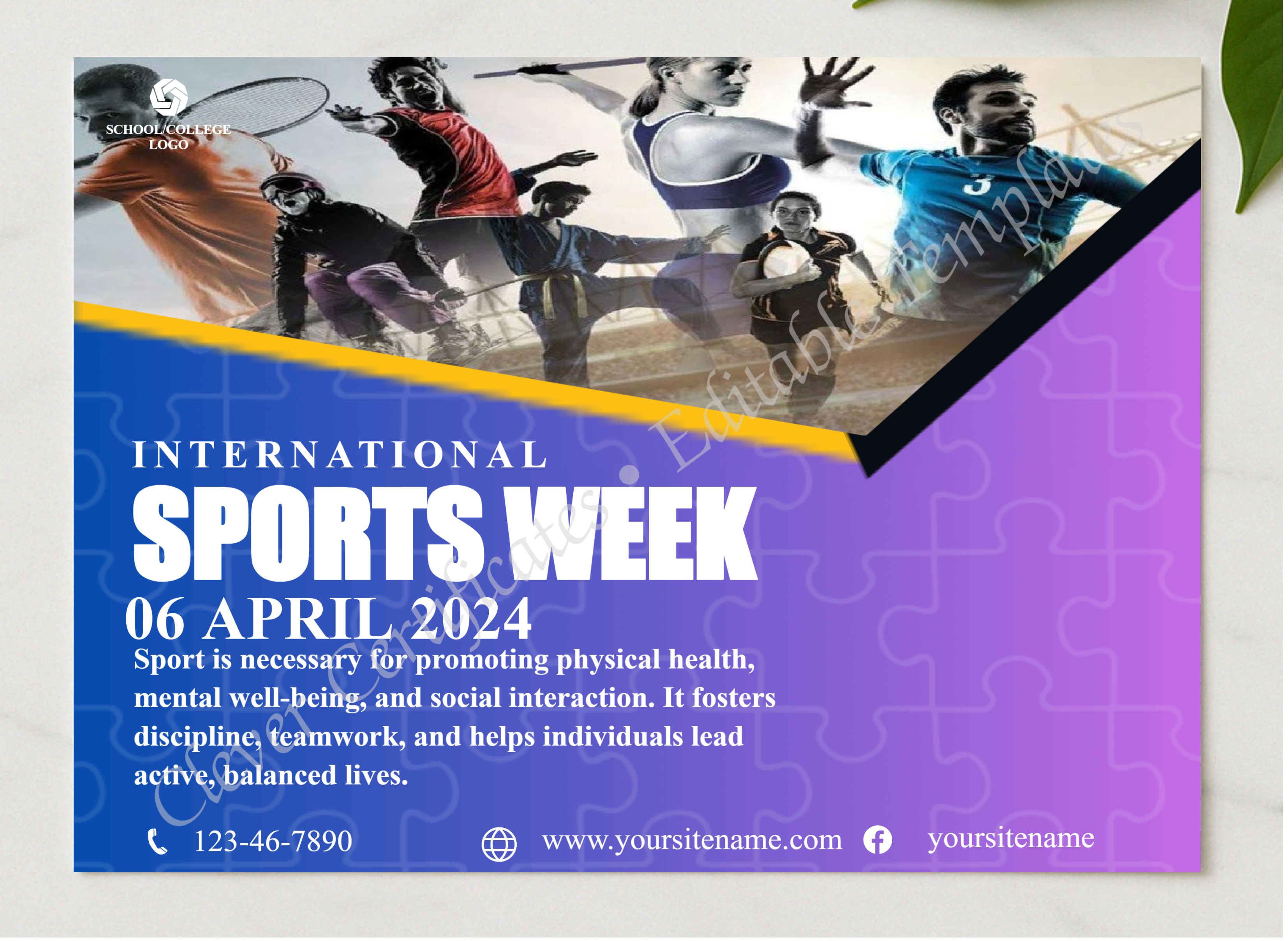 Editable Sports Week Instagram Post presented in a sleek wooden frame, elegantly arranged on a stylish table.