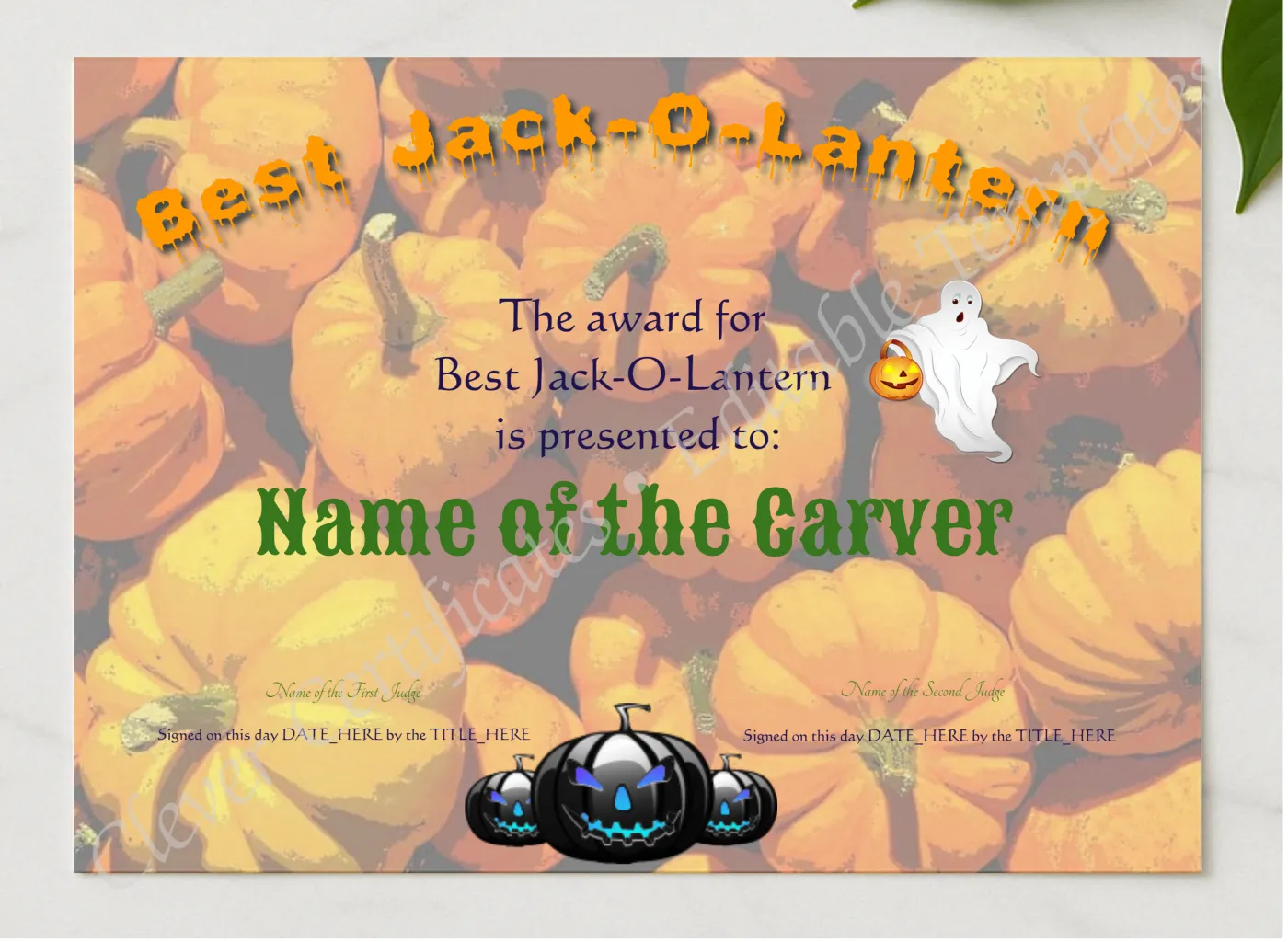 Best Halloween Jack O Lantern presented in a sleek wooden frame, elegantly arranged on a stylish table.