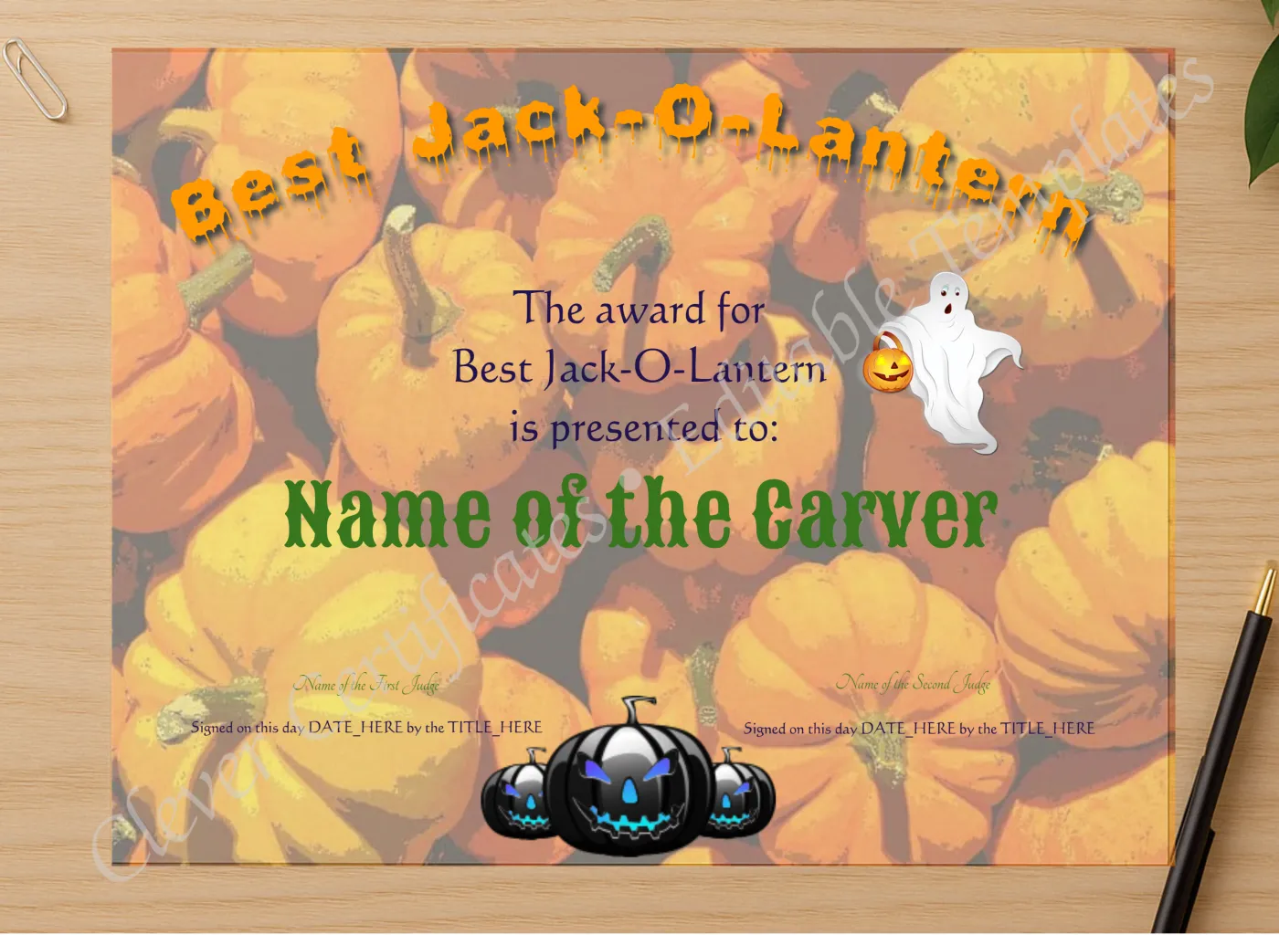 Professional preview of Best Halloween Jack O Lantern certificate on high-quality stationery paper, ideal for showcasing the final look.