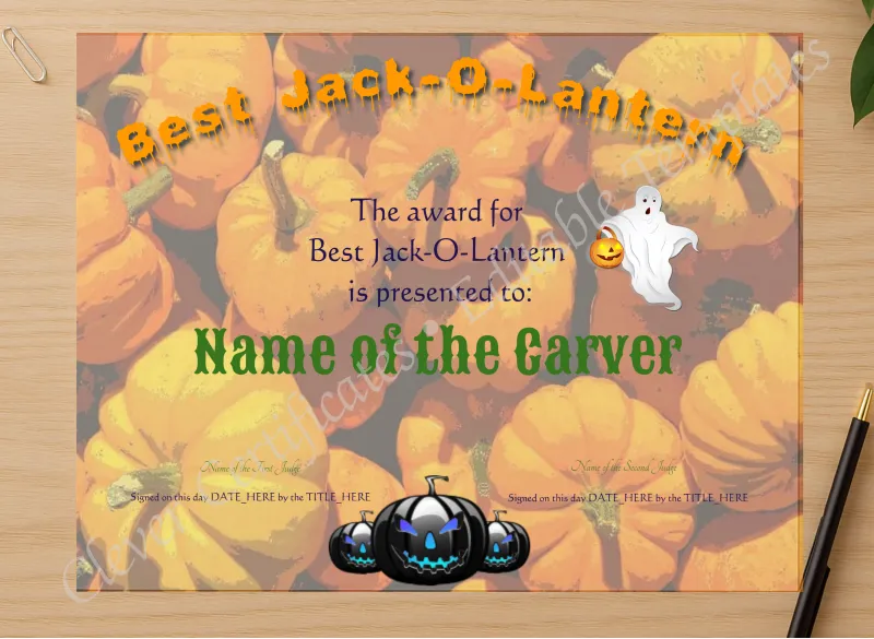 Professional preview of Best Halloween Jack O Lantern certificate on high-quality stationery paper, ideal for showcasing the final look.