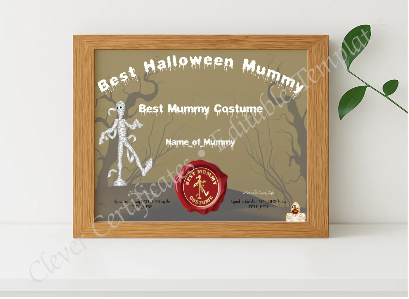 Realistic mockup featuring Best Halloween Mummy Award displayed within a modern frame, set against a minimalistic background.