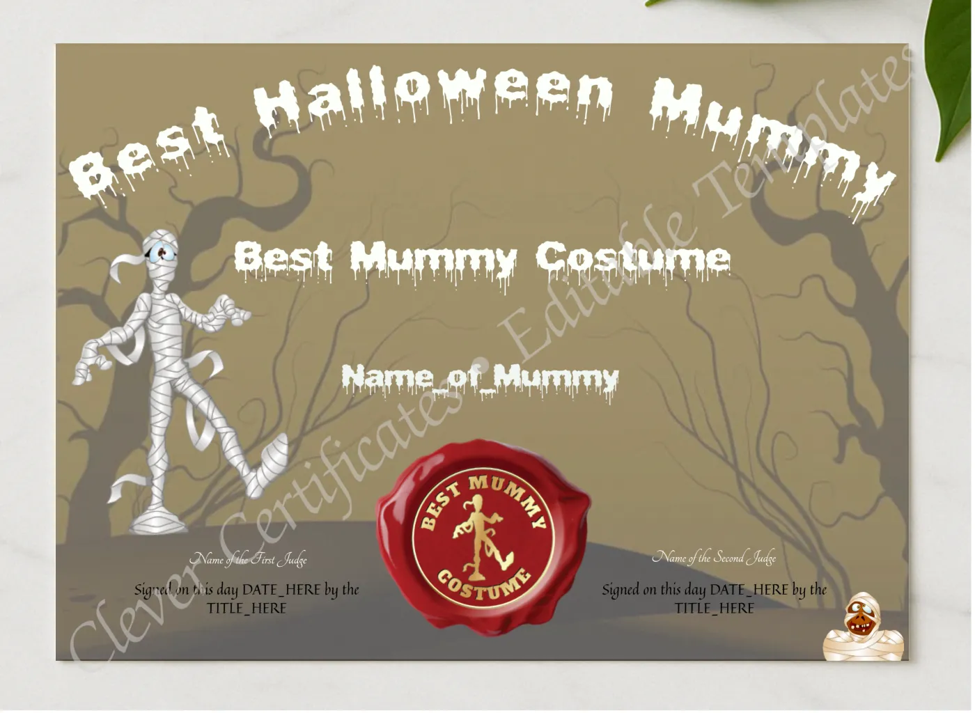 Best Halloween Mummy Award presented in a sleek wooden frame, elegantly arranged on a stylish table.