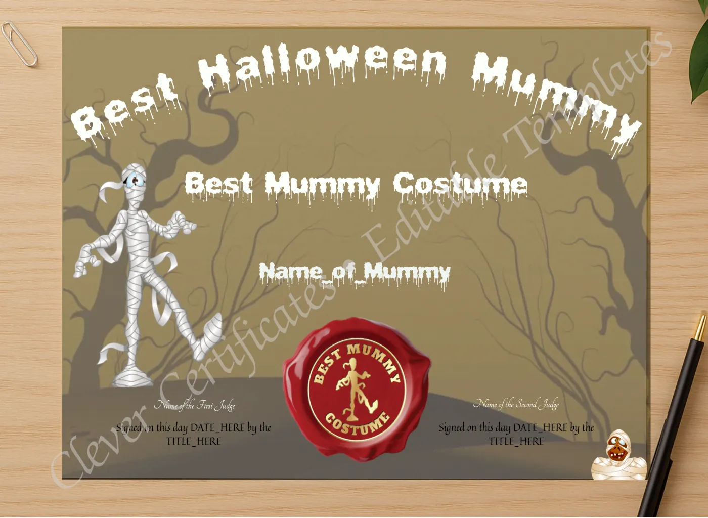 Professional preview of Best Halloween Mummy Award certificate on high-quality stationery paper, ideal for showcasing the final look.