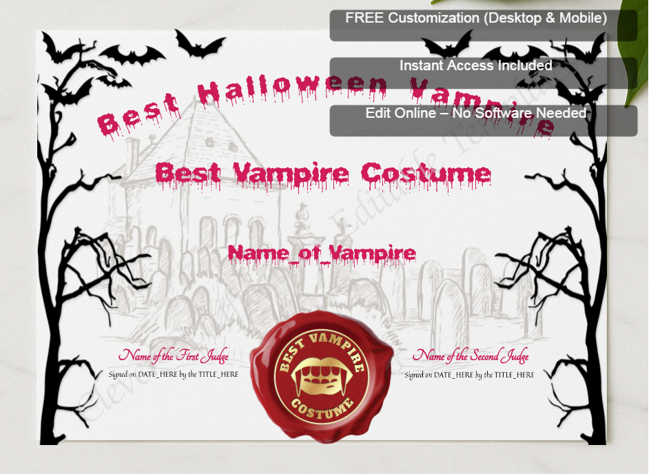 Framed preview featuring Free Editor badge stack for Best Halloween Vampire Award