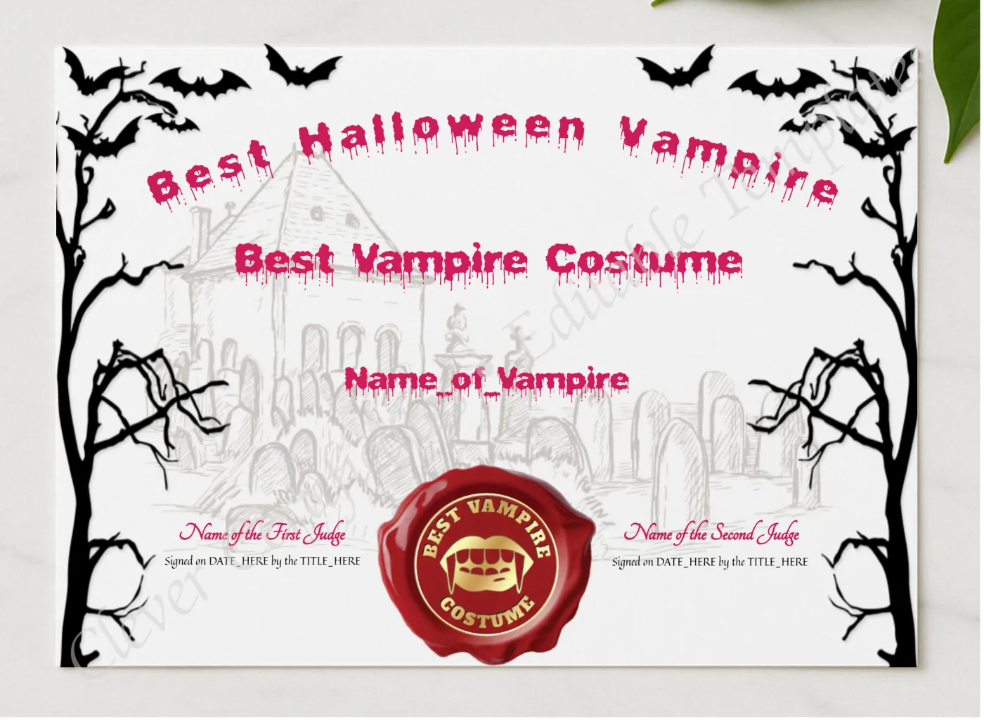 Best Halloween Vampire Award presented in a sleek wooden frame, elegantly arranged on a stylish table.