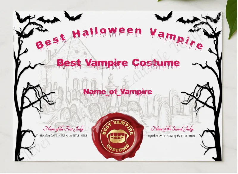 Best Halloween Vampire Award presented in a sleek wooden frame, elegantly arranged on a stylish table.