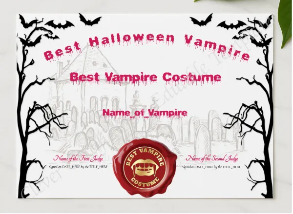 Best Halloween Vampire Award presented in a sleek wooden frame, elegantly arranged on a stylish table.