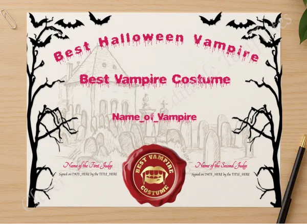 Professional preview of Best Halloween Vampire Award certificate on high-quality stationery paper, ideal for showcasing the final look.