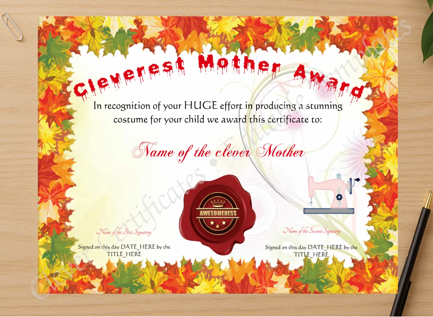 Professional preview of Cleverest Halloween Mother certificate on high-quality stationery paper, ideal for showcasing the final look.
