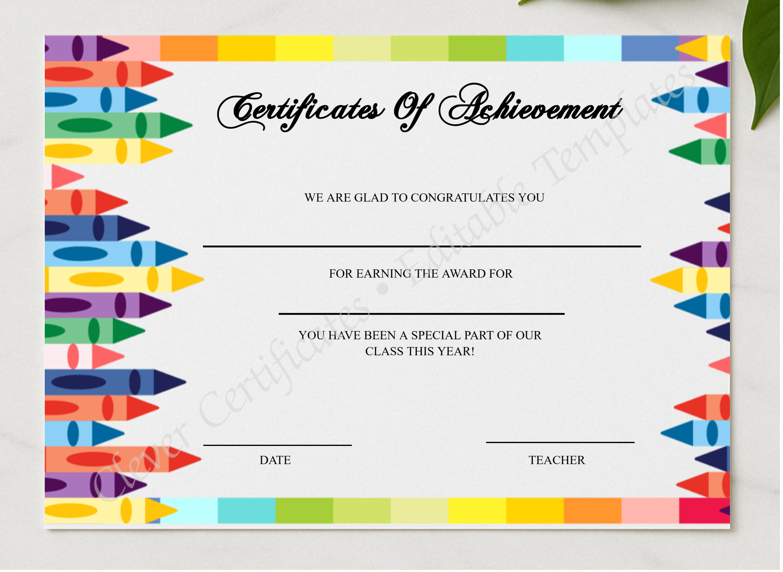 Editable Certificate Of Achievement For Students presented in a sleek wooden frame, elegantly arranged on a stylish table.