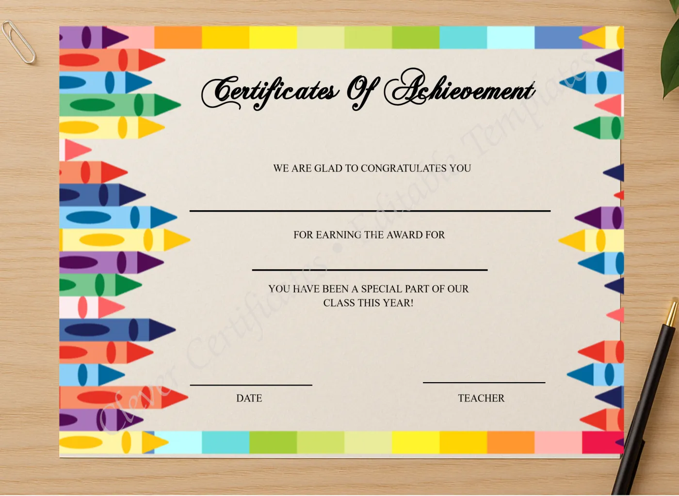 Professional preview of Editable Certificate Of Achievement For Students certificate on high-quality stationery paper, ideal for showcasing the final look.