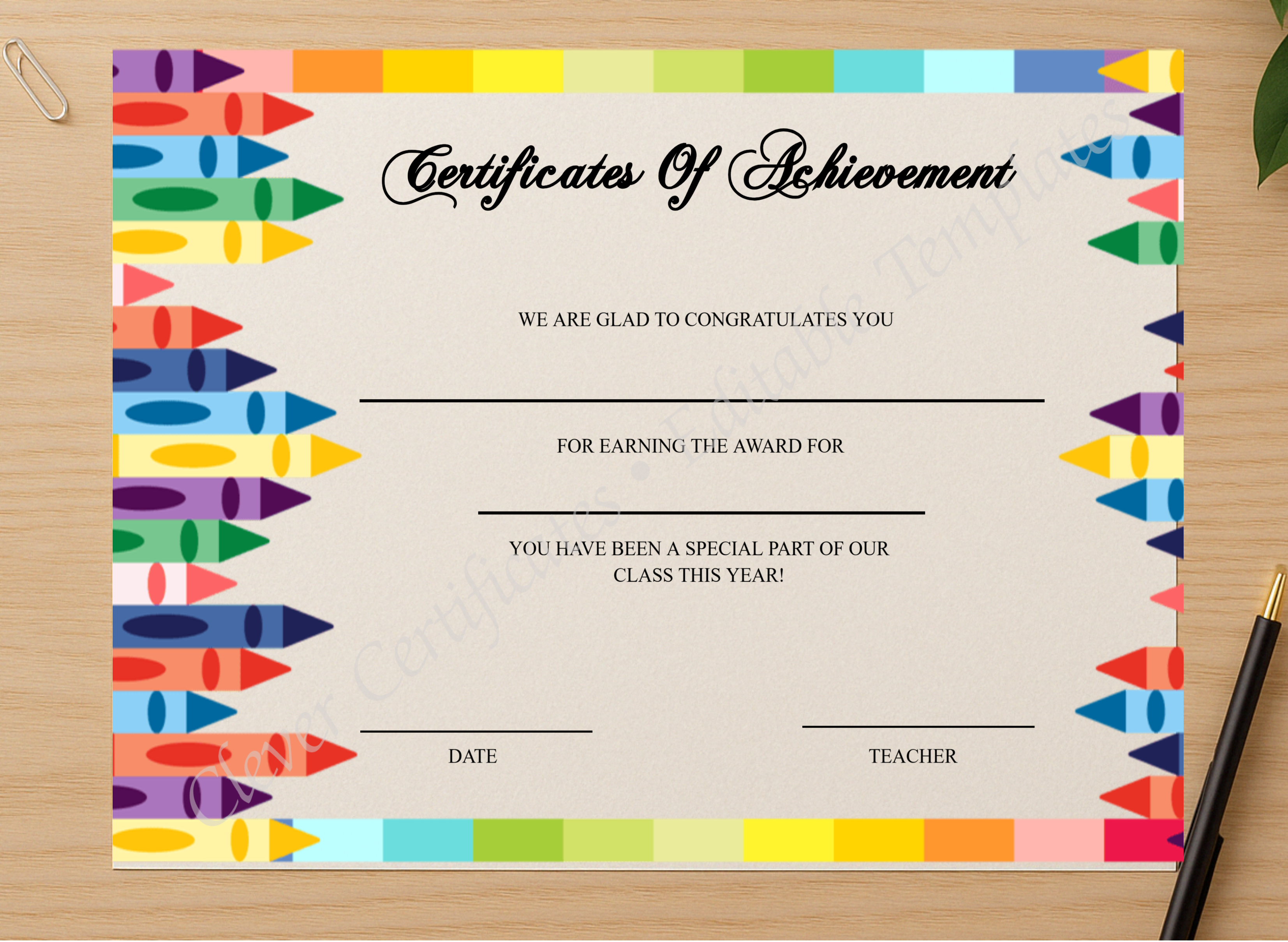 Professional preview of Editable Certificate Of Achievement For Students certificate on high-quality stationery paper, ideal for showcasing the final look.