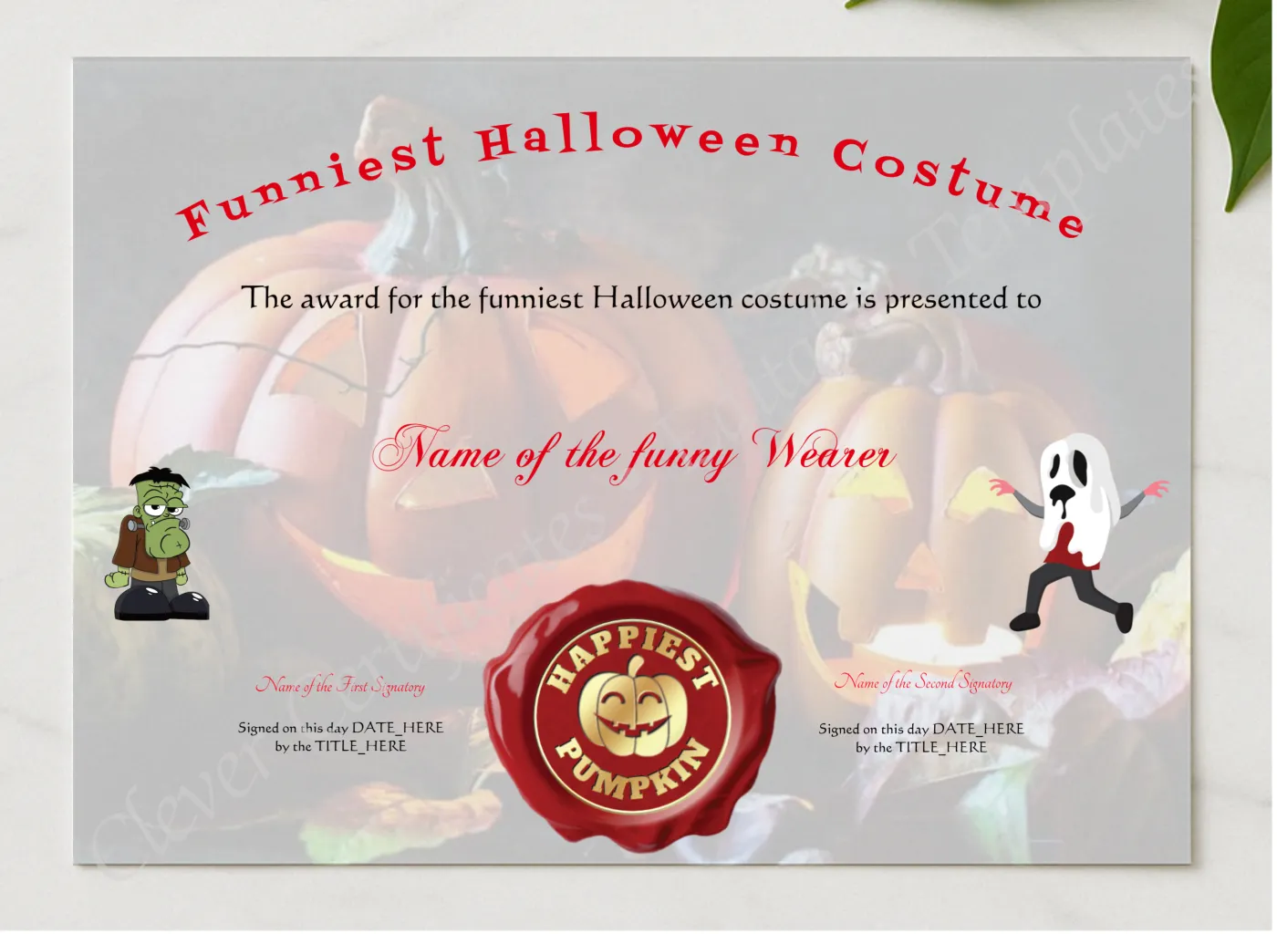 Funniest Halloween Costume presented in a sleek wooden frame, elegantly arranged on a stylish table.