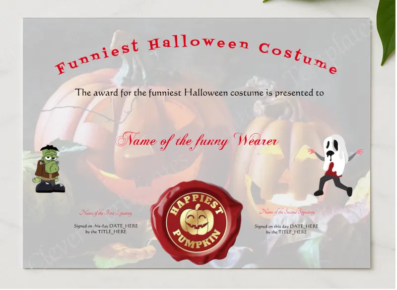 Funniest Halloween Costume presented in a sleek wooden frame, elegantly arranged on a stylish table.
