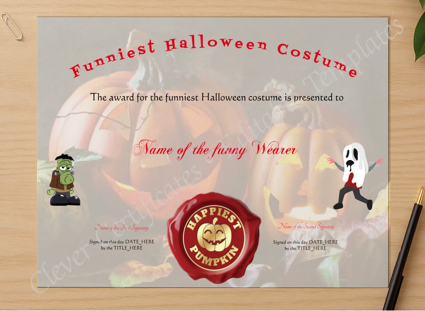 Professional preview of Funniest Halloween Costume certificate on high-quality stationery paper, ideal for showcasing the final look.