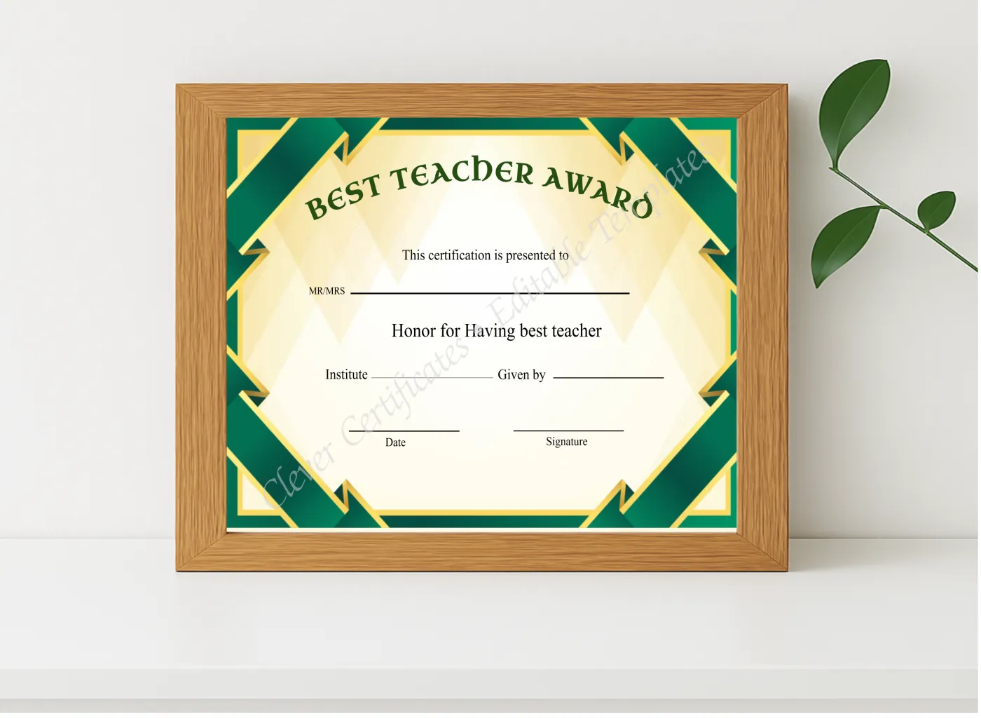 Realistic mockup featuring Editable Best Teacher Award Certificate displayed within a modern frame, set against a minimalistic background.